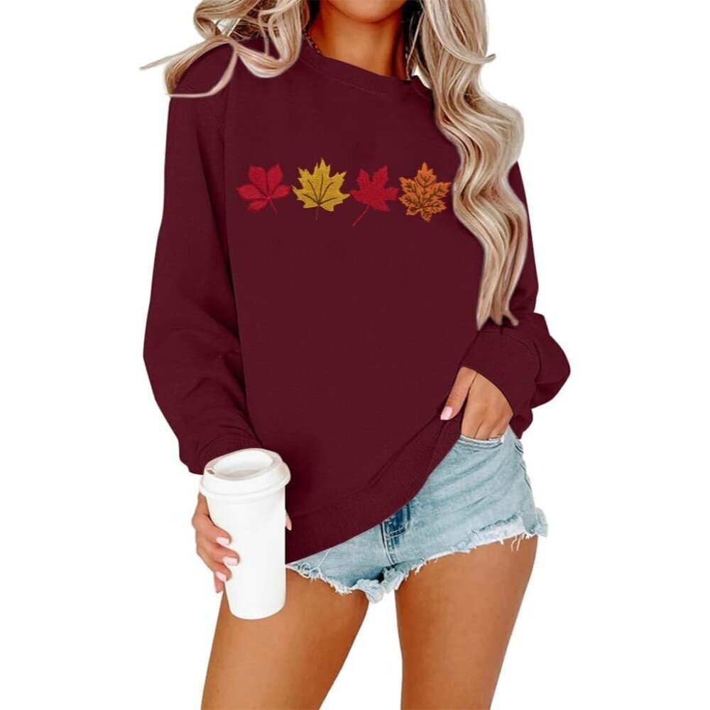 Women’s Fall Crewneck Sweatshirt Cotton Blend Embroidered Maple Leaf